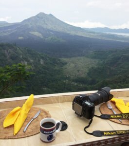 volcano, coffee cup, camera